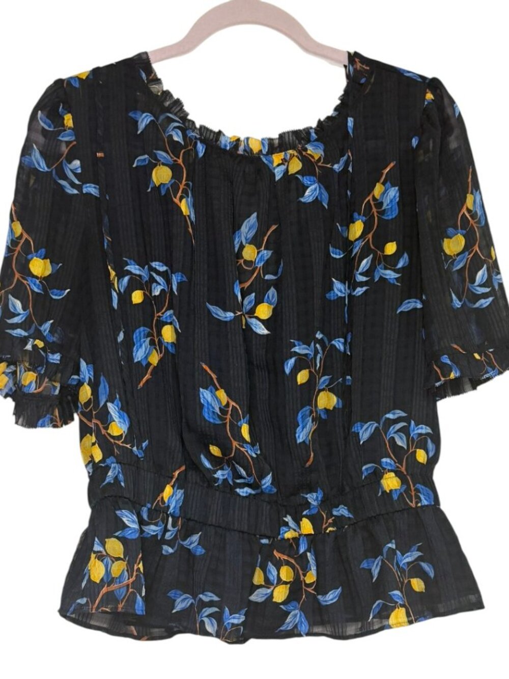 Ann Taylor Navy Short Sleeve Peplum Blouse With A Lemon Print– Size Large